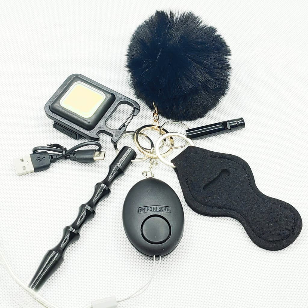 Conjunto De Chaveiro De Segurança Para Mulheres , Alarme Pessoal De 130db , Apito E Pompom , Luz De Alto Brilho COB