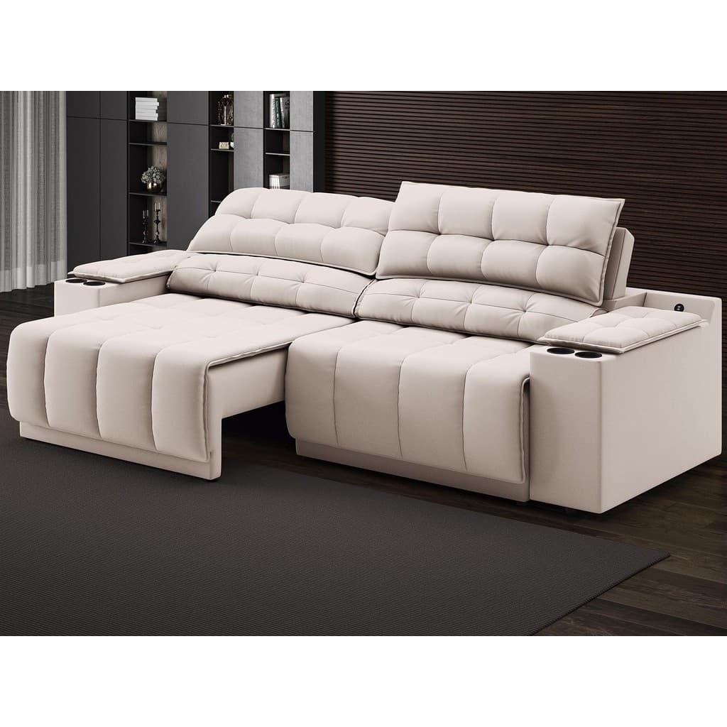 Sofá com Porta Copos Carregador USB Ret Rec Samurai 2,30m Velosuede Areia - NETSOFAS