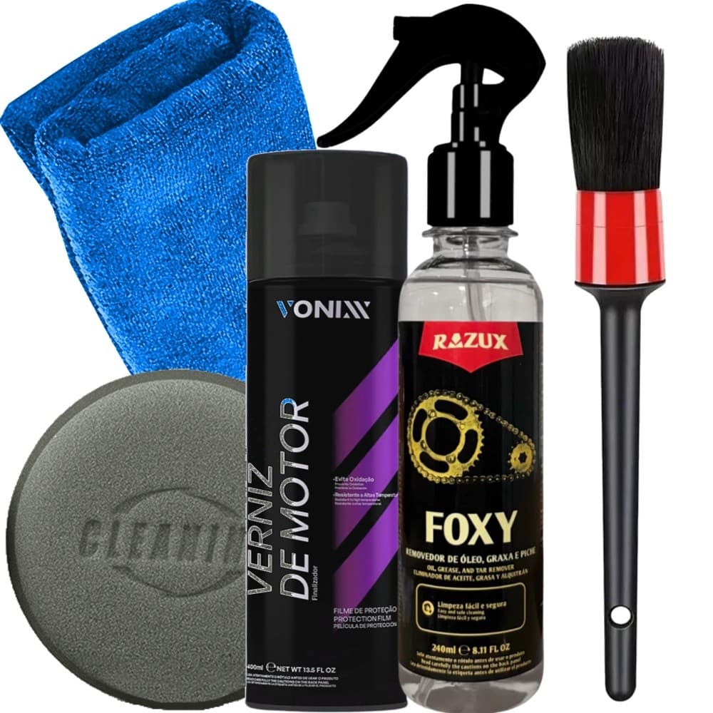 Kit Tratamento de Motor Moto Carro Limpa Motor Corrente Tira Oleo Graxa Foxy Razux e Verniz Spray Vonixx + Acessórios