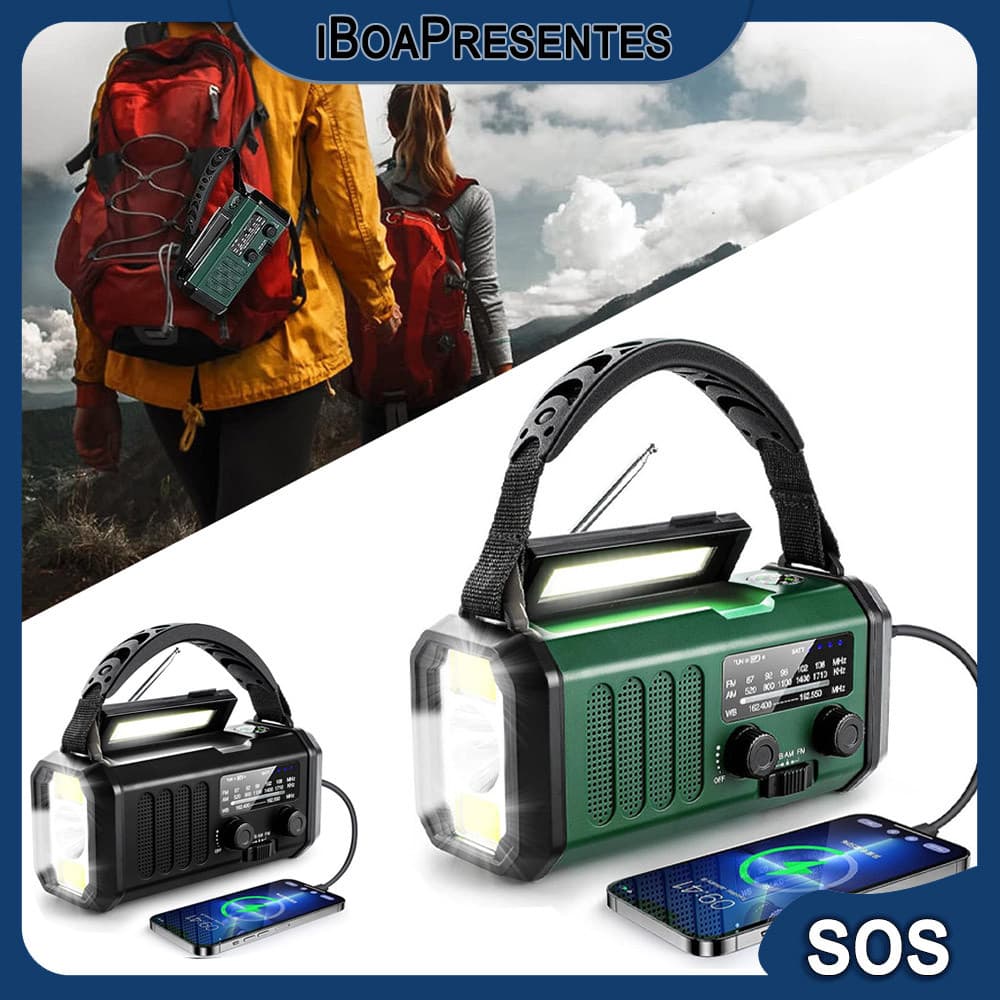 Lanterna De Rádio Solar Portátil Multifuncional Manivela Geração De Energia De Emergência, Carregamento USB, 10000mAh