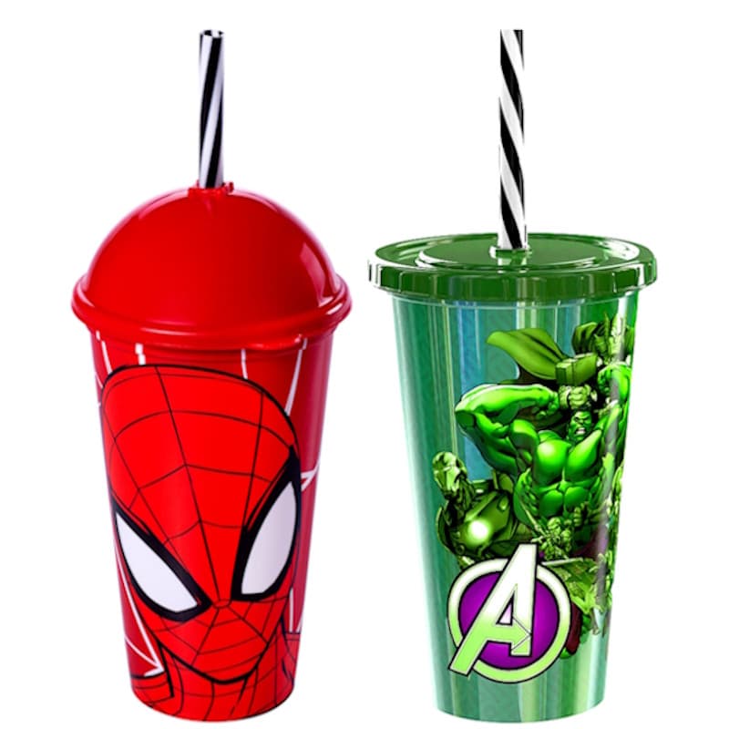 Kit Copo Shake  Hulk e Homem Aranha e Infantil com Canudo e Tampa 500ML