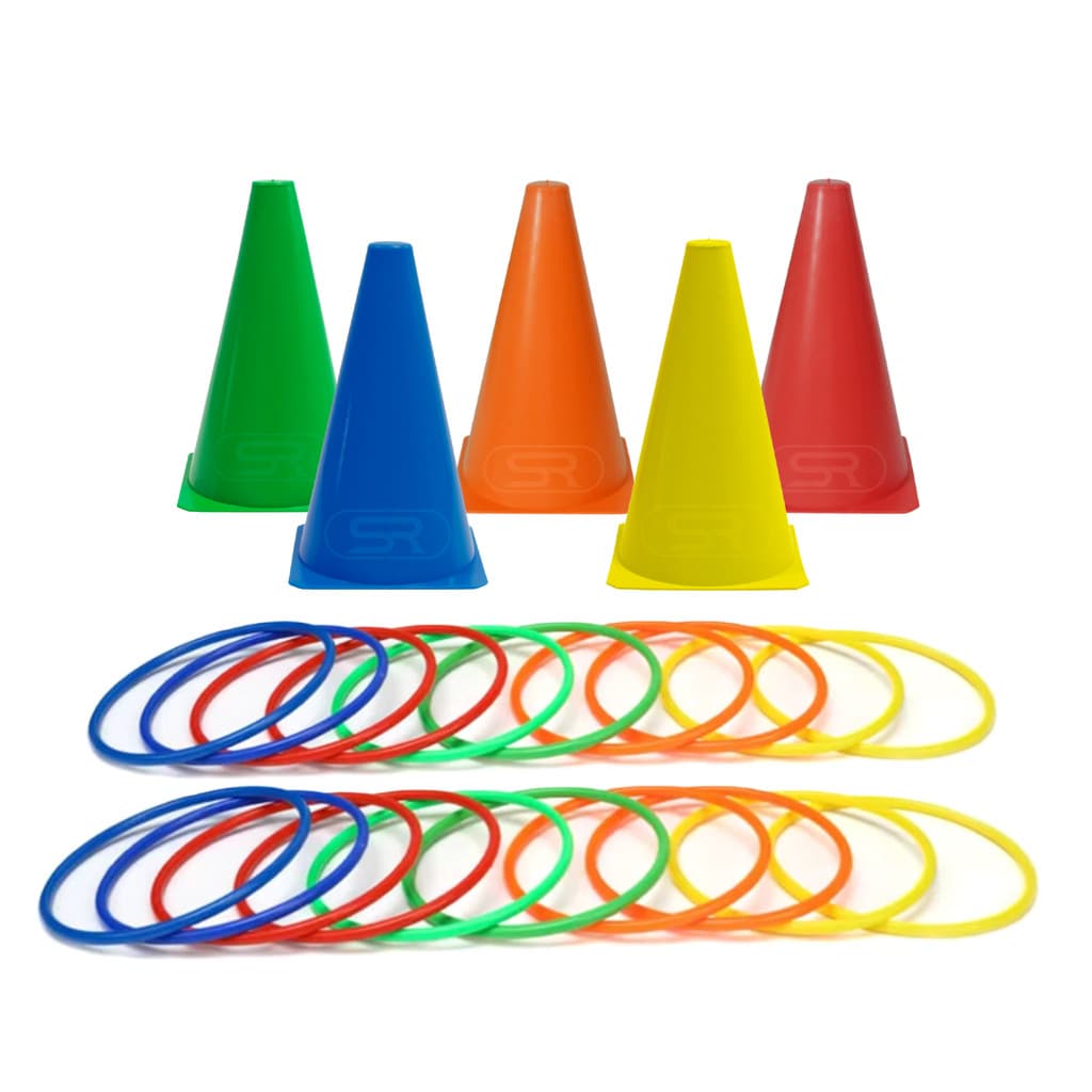 5 Cones Demarcatórios 18cm + 15 Mini Argolas Recreativas