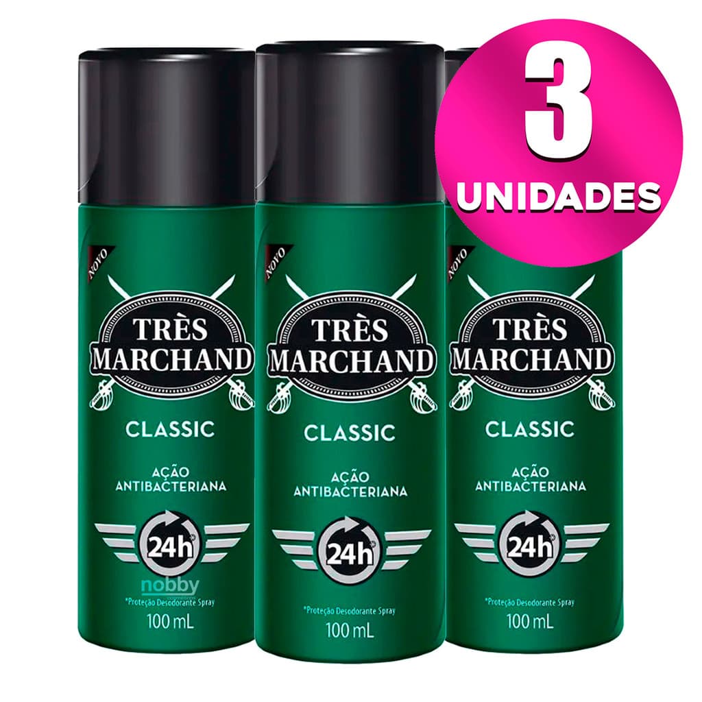 Kit 3 Desodorante Spray Tres Marchand Classic 100ml Original 24h Proteção Ação Antibacteriana