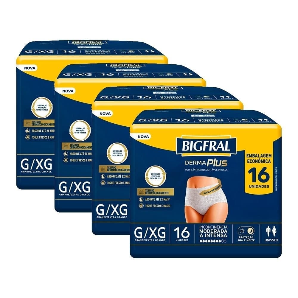 Roupa Íntima Adulto Bigfral Derma Plus Tamanho G/XG - 4 Pacotes com 16 Fraldas - Total 64 Tiras