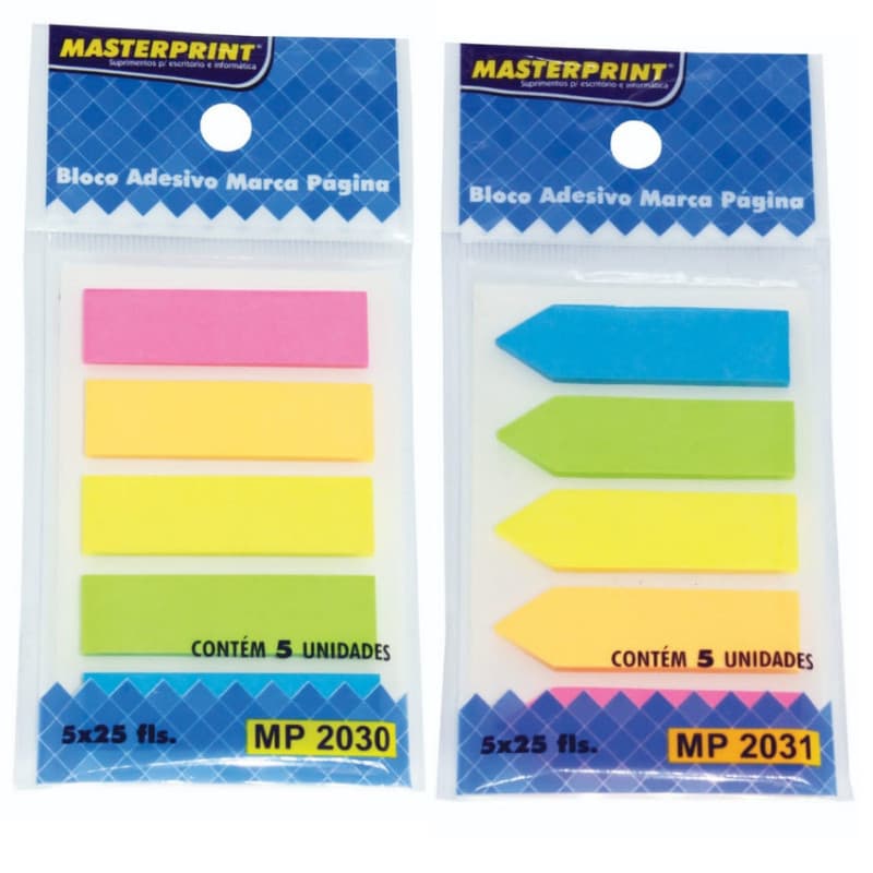 Bloco Adesivo Marcador de Páginas 5 Cores Neon Seta e Reto MASTERPRINT