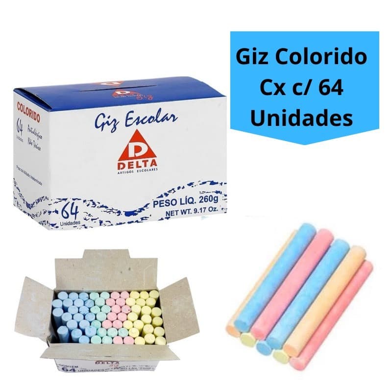 Giz Colorido Escolar Quadro Verde Negro Caixa com 64 Unidades Delta