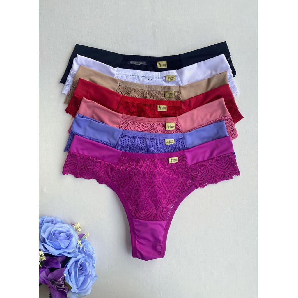 Kit Calcinha Plus size Fio Duplo Lateral Dupla c/ Renda Lingerie Feminina Conforto