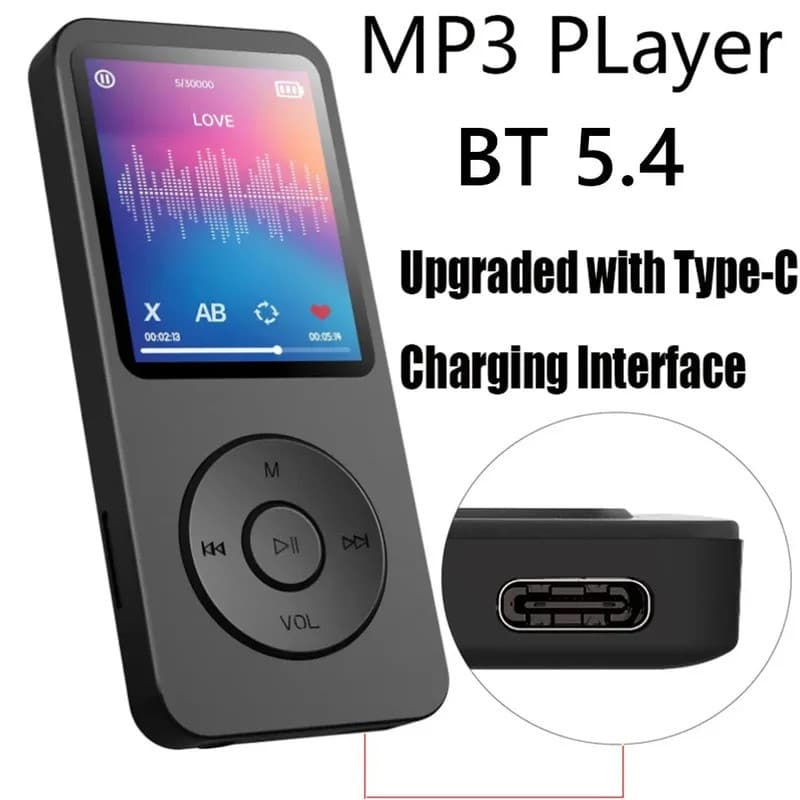 Leitor De MP3 Portátil 1.8 Polegada Walkmen Tipo-C Bluetooth 5.4 Compatível E-Books Gravação Esportes MP4 Rádio FM Músic
