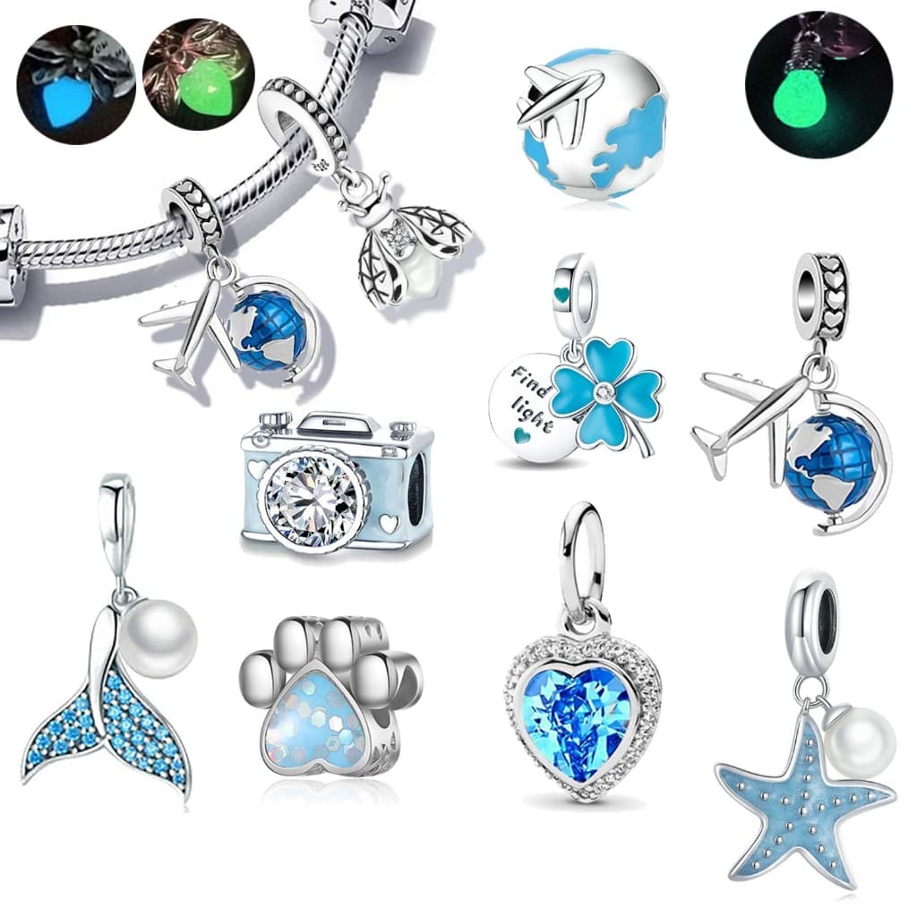 Berloque De Prata 925 Pingente De Pulseira Contas De Amuleto Série Ocean Azul