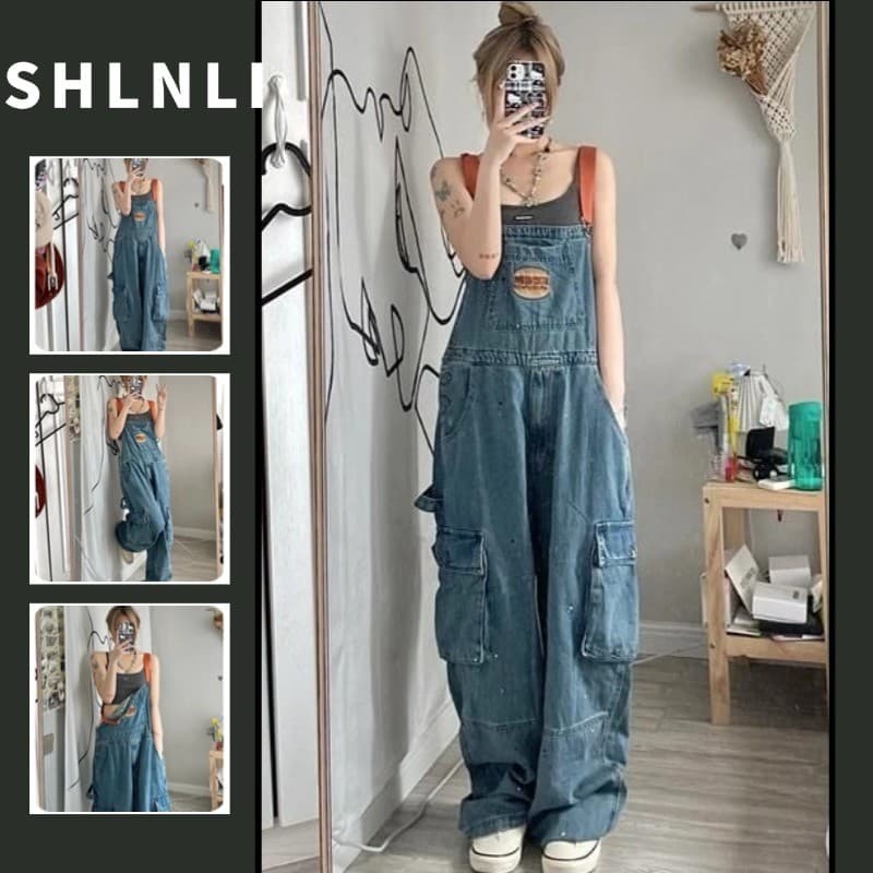 Primavera Verão Feminino Americano Retro Denim Macacão Solto Calças Largas Perna Reta De Chão