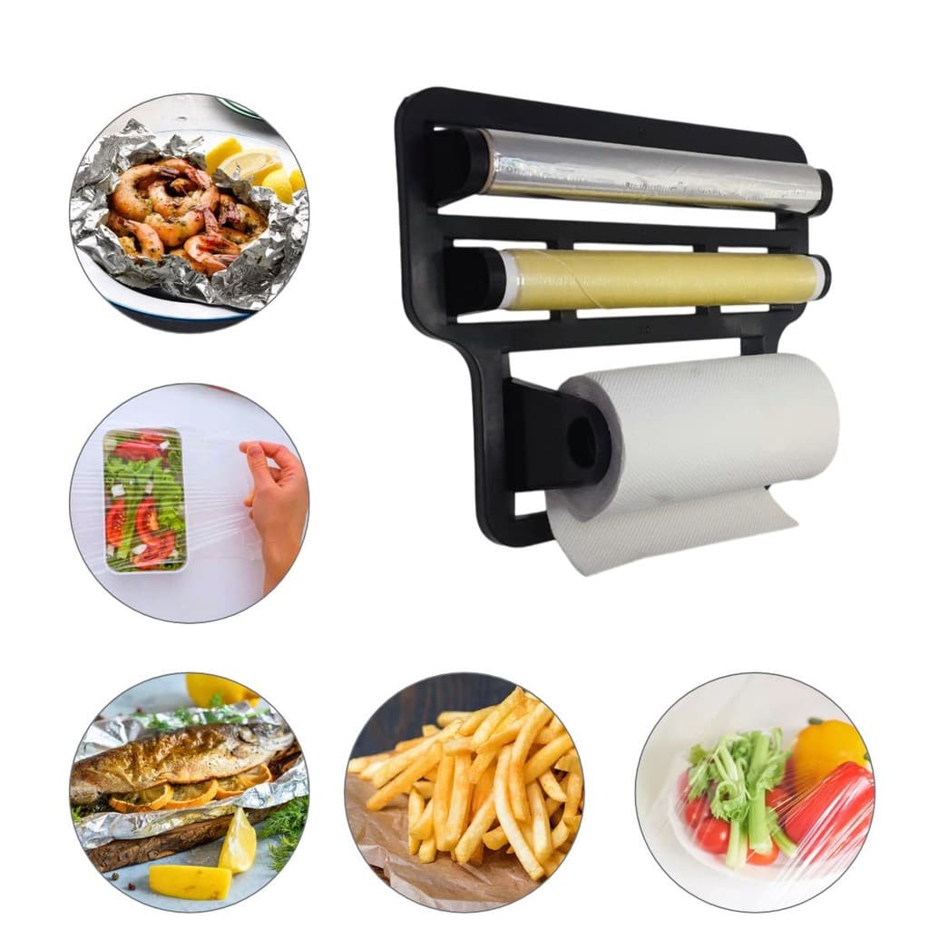 Porta Papel Toalha Triplo Suporte Preto Rolo Cozinha 4 Em 1