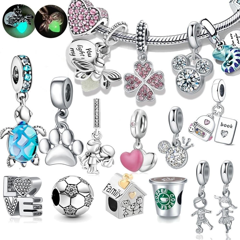 Firefly Jewelry Luminoso Azul 925 Prata Pingente Pulseira Charme Tartaruga Coruja Diamante Coração