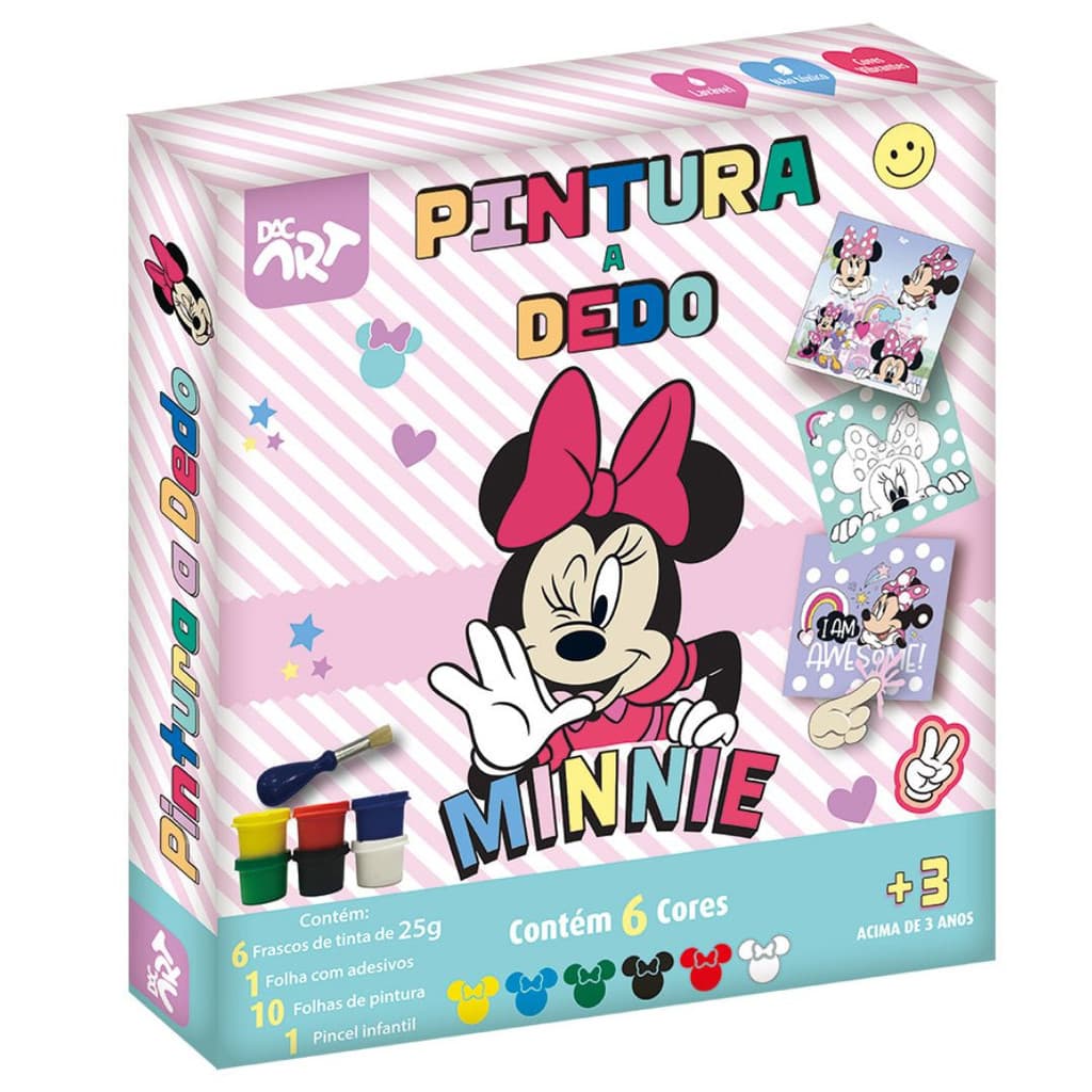 Conjunto Pintura a Dedo Minnie Mouse Disney Tinta Pincel Folha Adesivos Ilustrações Pintura Arte DAC