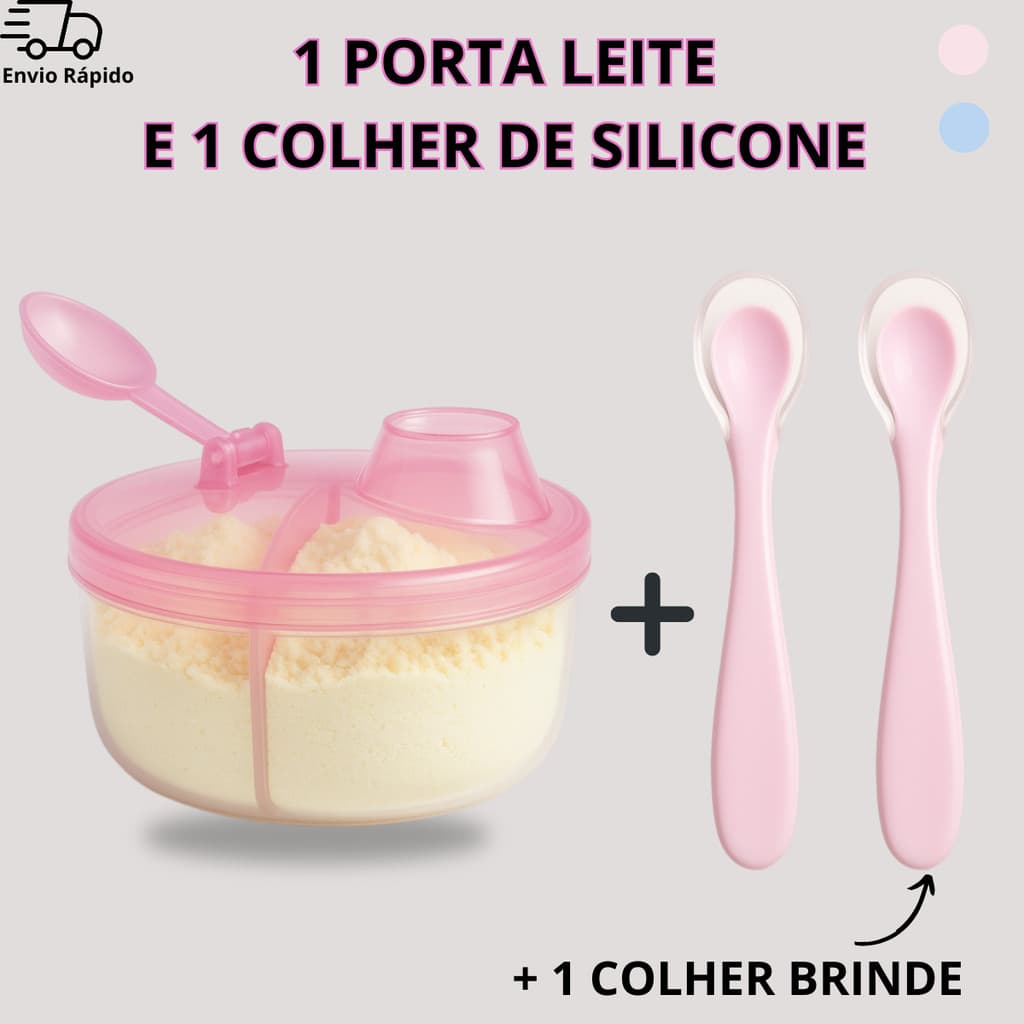 Porta Leite em Pó de Bebê ou Formula  1 Pote com 3 Divisórias + 2 Colheres com Ponta de Silicone Bebê