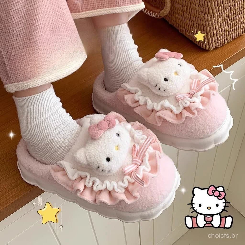 HelloKitty Cat Chinelos De Algodão Femininos De Inverno Fofos E Sapatos