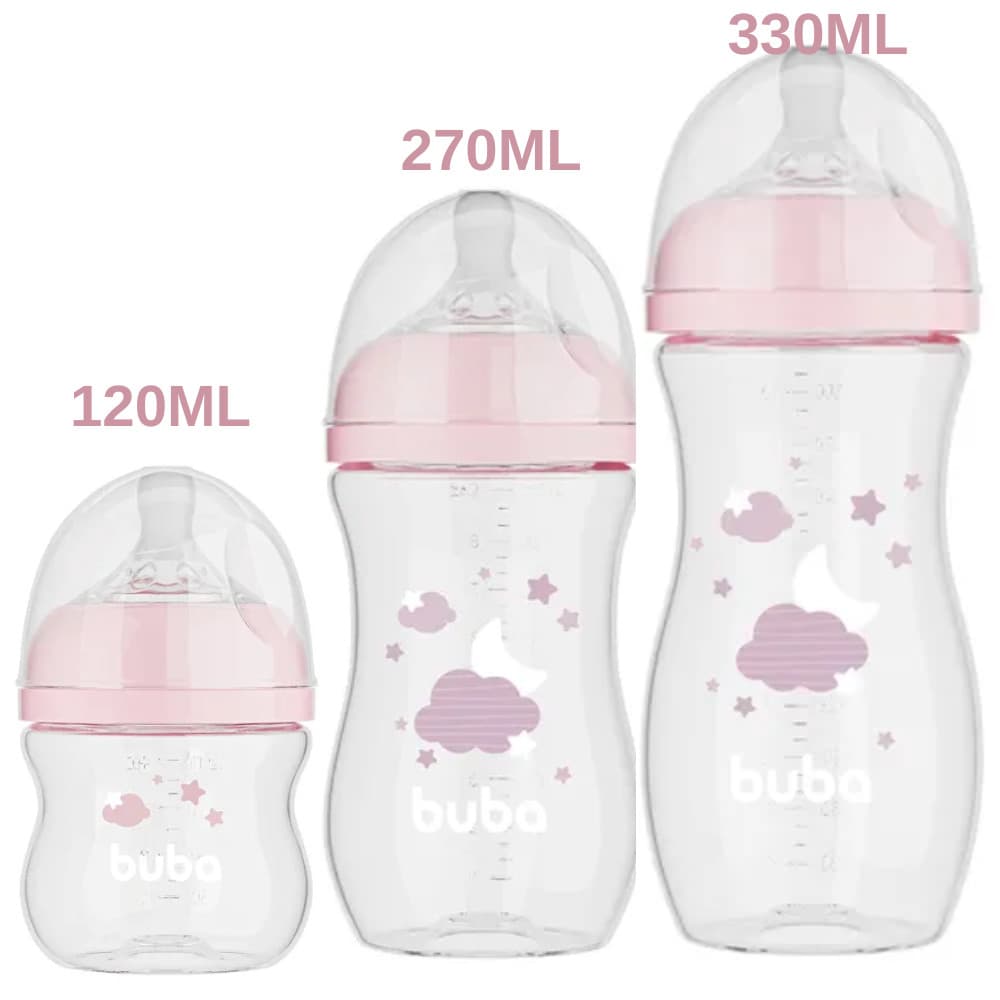 KIT C/ 3 MAMADEIRAS EASY FLOW NUVEM ROSA 120ML/270ML/330ML - BUBA