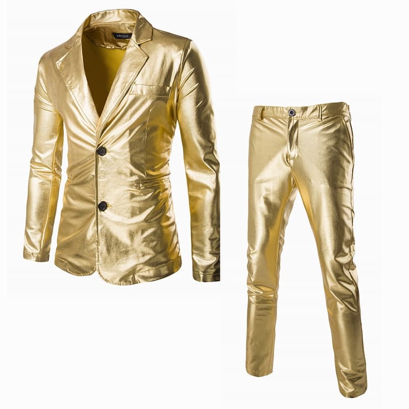 Terno De Couro Falso Dourado Masculino Jaqueta Glitter Blazer Calça Conjunto Festa DJ Clube Palco Cantor Dança Desempenh