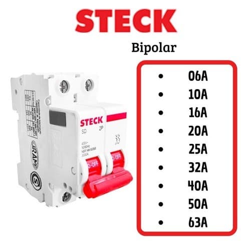 Disjuntor STECK Bipolar 10a 16a 20a 25a 32a 40a 50a 63a Homologado Inmetro