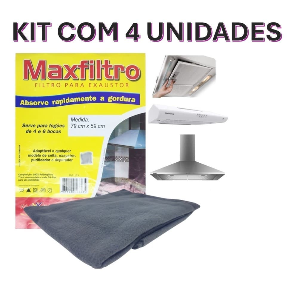 KIT COM 1,2 e 4 Filtros Exaustor Depurador Coifa Manta Tamanho Universal