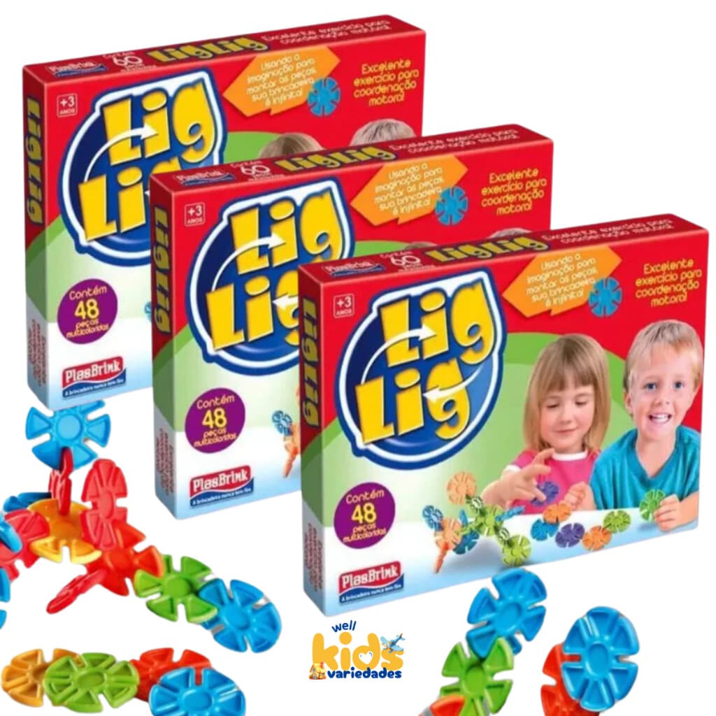 Kit  3 Brinquedo de Encaixe Lig Lig - 48 Peças Didático e Educativo PlasBrink