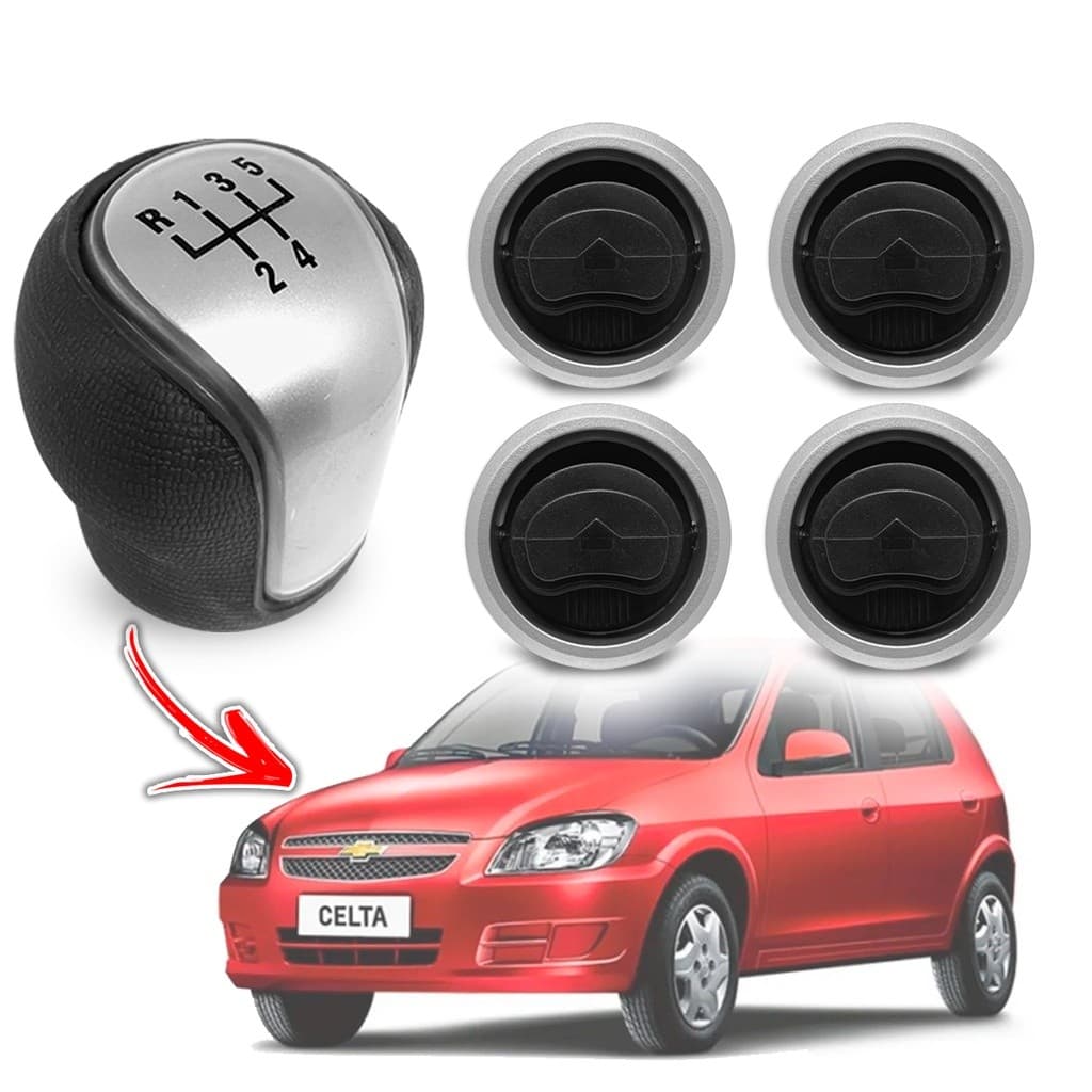 Kit Jogo Bola Cambio Marcha + Difusor Saida Ar Celta Prisma 2007/2012 Prata/Preto