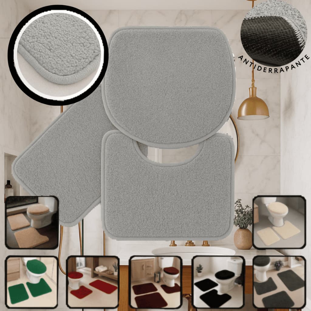 Tapete para Banheiro 3 Peças Pelúcia Algodão Macio Antiderrapante Rosa Preto Marfim Branco Cinza