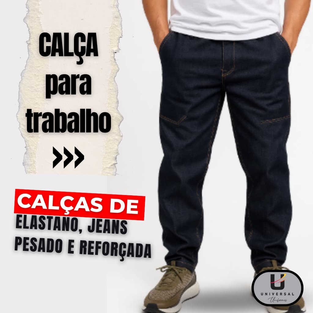 Calça Jeans de Trabalho com Elástico e cadarço – estilo calça de brim reforçada LANÇAMENTO