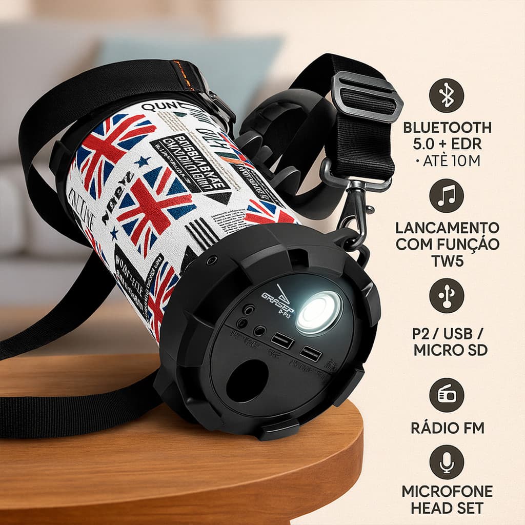 Caixa De Som Portátil Bluetooth Grave Amplificado Sub Acompanha Microfone Alça Para Transporte Formato Canhão Usb Sd Aux