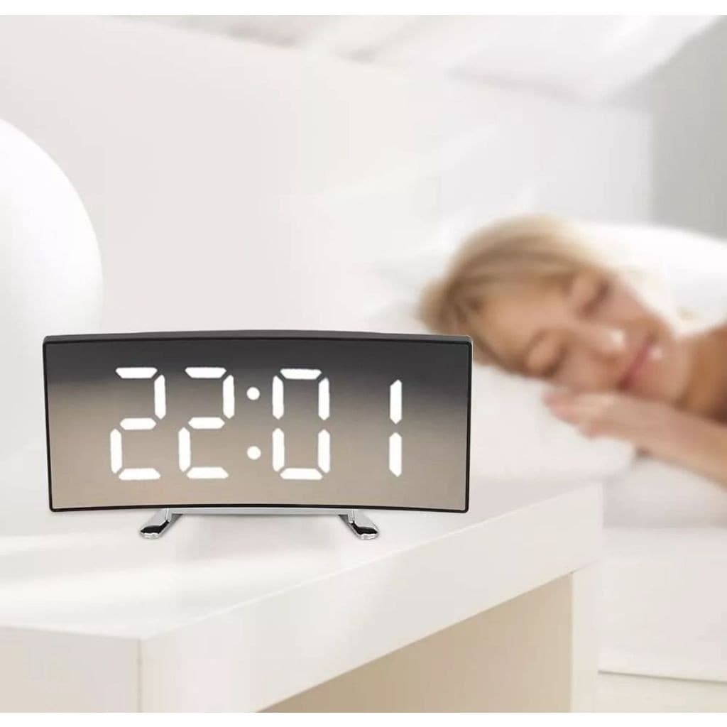 Led Relógio Digital Espelho Tela Curvada 7 Polegada De Mesa Com Temperatura Alarme Soneca Voz Ativação Usb