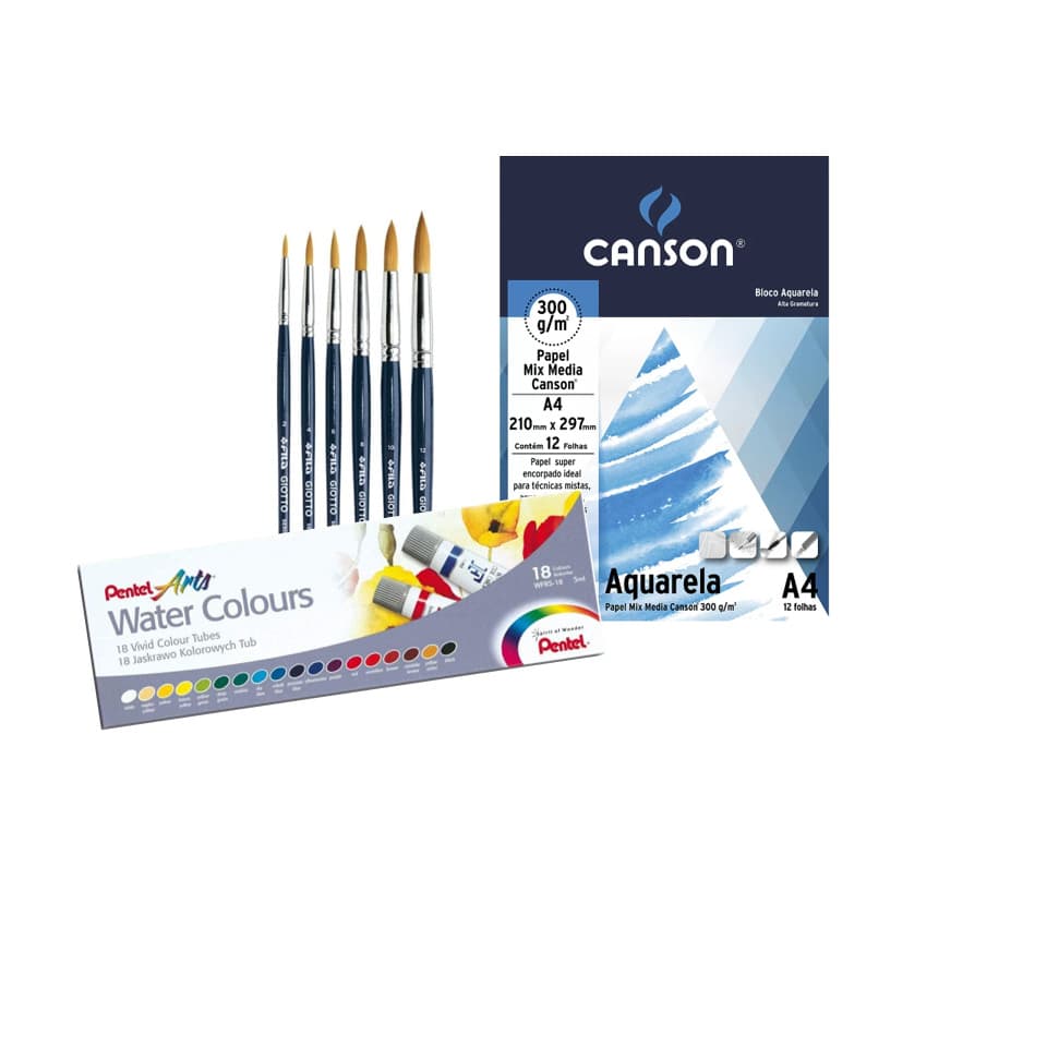 Kit Aquarela 18 cores+Bloco Papel Canson A4 + 6 Pinceis Giotto