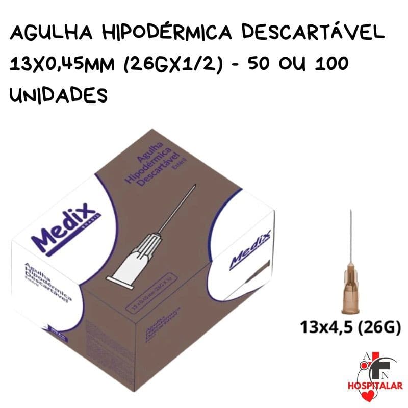 Agulha Hipodérmica Descartável 13x0,45MM (26Gx1/2) - 50 e 100 Unidades