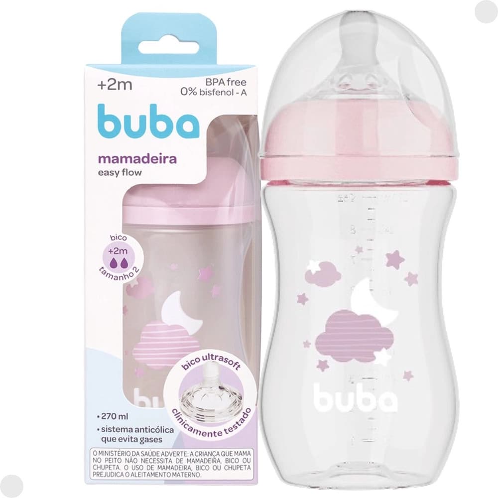 MAMADEIRA EASY FLOW NUVEM ROSA 270ML +2 MESES - BUBA