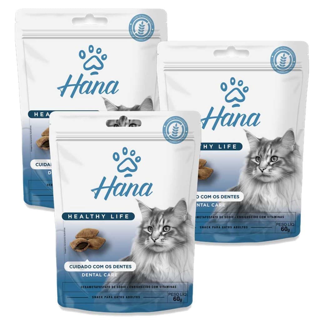 Kit 3un Petisco Para Gatos Hana Healthy Life Nuggets Dental Care 60g