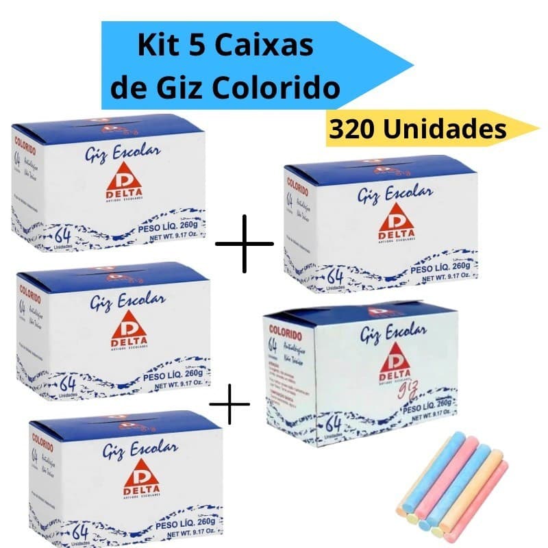 Kit 5 Caixas de Giz Colorido Escolar Quadro Negro Verde Caixa com 320 Unidades Delta