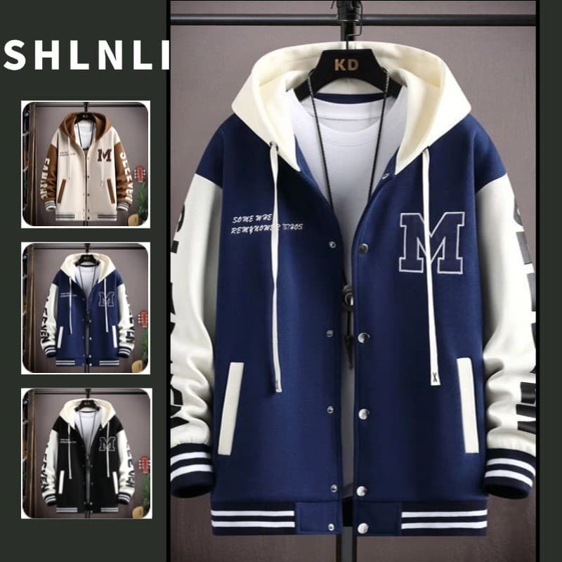 Jaqueta Masculina Tamanho Grande Solta Versátil Casual Com Capuz Primavera E Outono Contraste Estampado Casaco Zíper