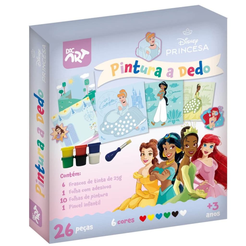 Conjunto Pintura Dedo Princess Princesa Disney Tinta Pincel Folha Adesivo Ilustra Pintura Arte DAC