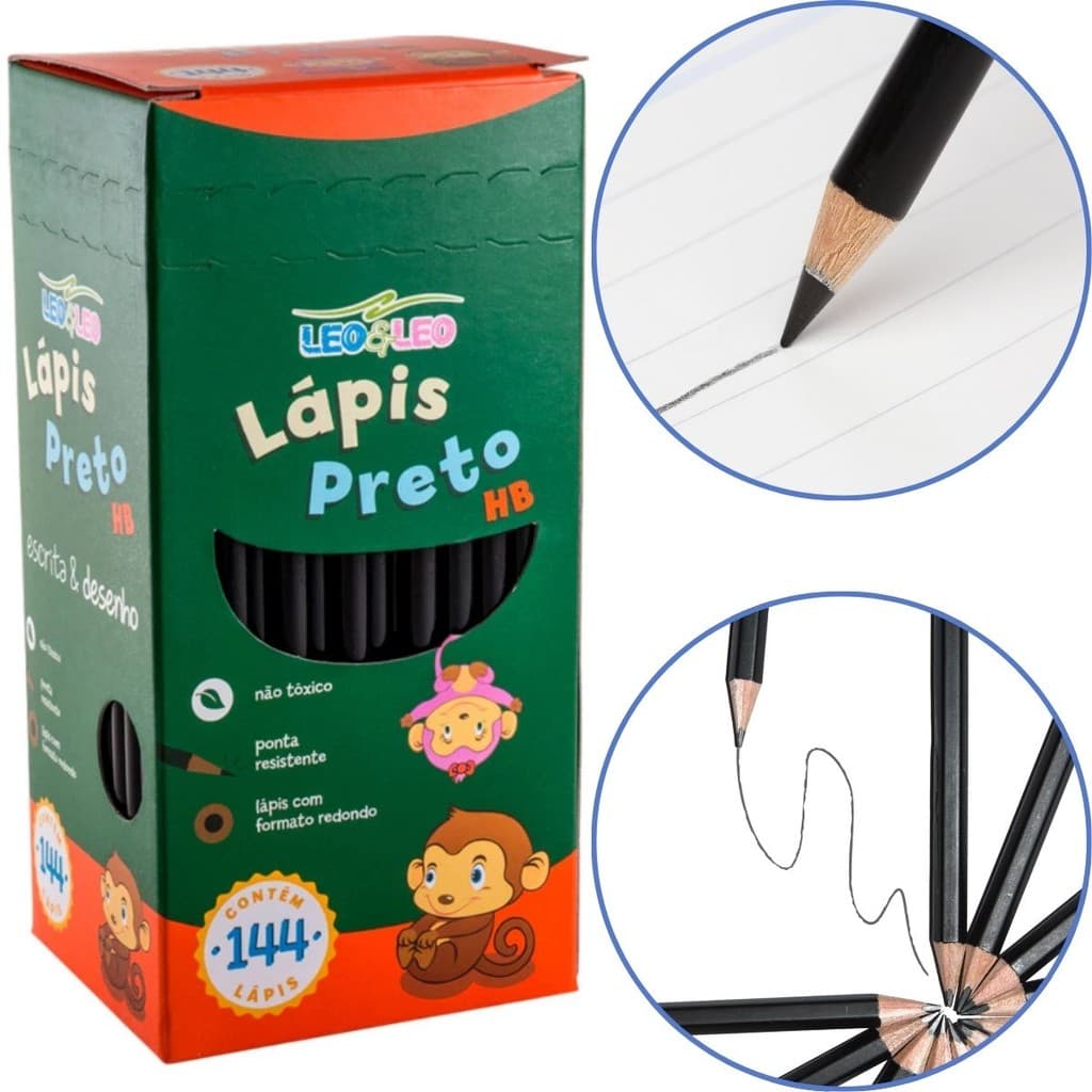 Caixa de Lapis Preto De Escrever Redondo HB Com 144 Unidades Atacado Escritorio Escolar Kit Leo&leo