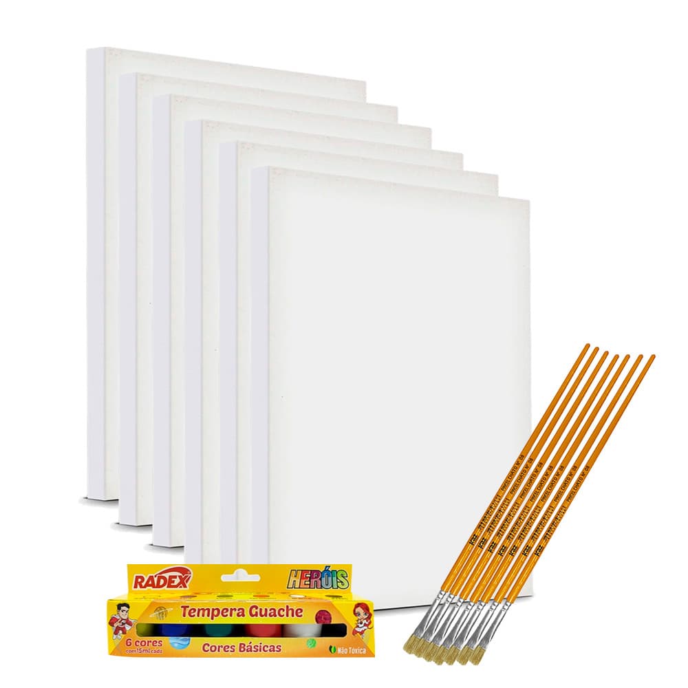 Kit Com 06 Telas Para Pintura 20x30cm + 12 Tintas e 6x Pincel - Uso Profissional e Artístico