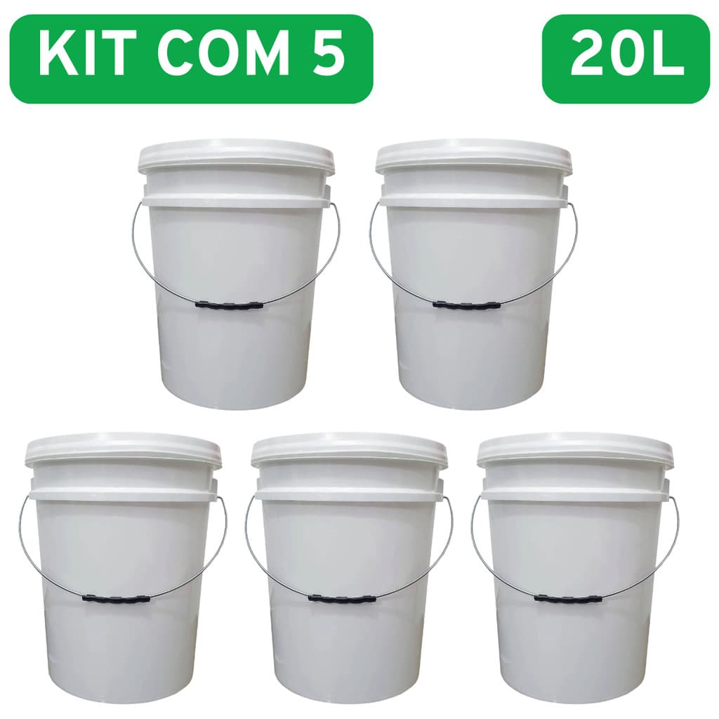 Kit 5 Balde Plástico 20 Litros com Tampa e Alça de Metal e Lacre Segurança Branco