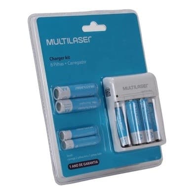 Carregador De Pilha Multilaser + 8 Pilhas Recarregável AA/AAA Original