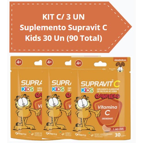 KIT C/ 3 UN Supravit C Kids Vitamina C Sabor Laranja Infantil 30un
