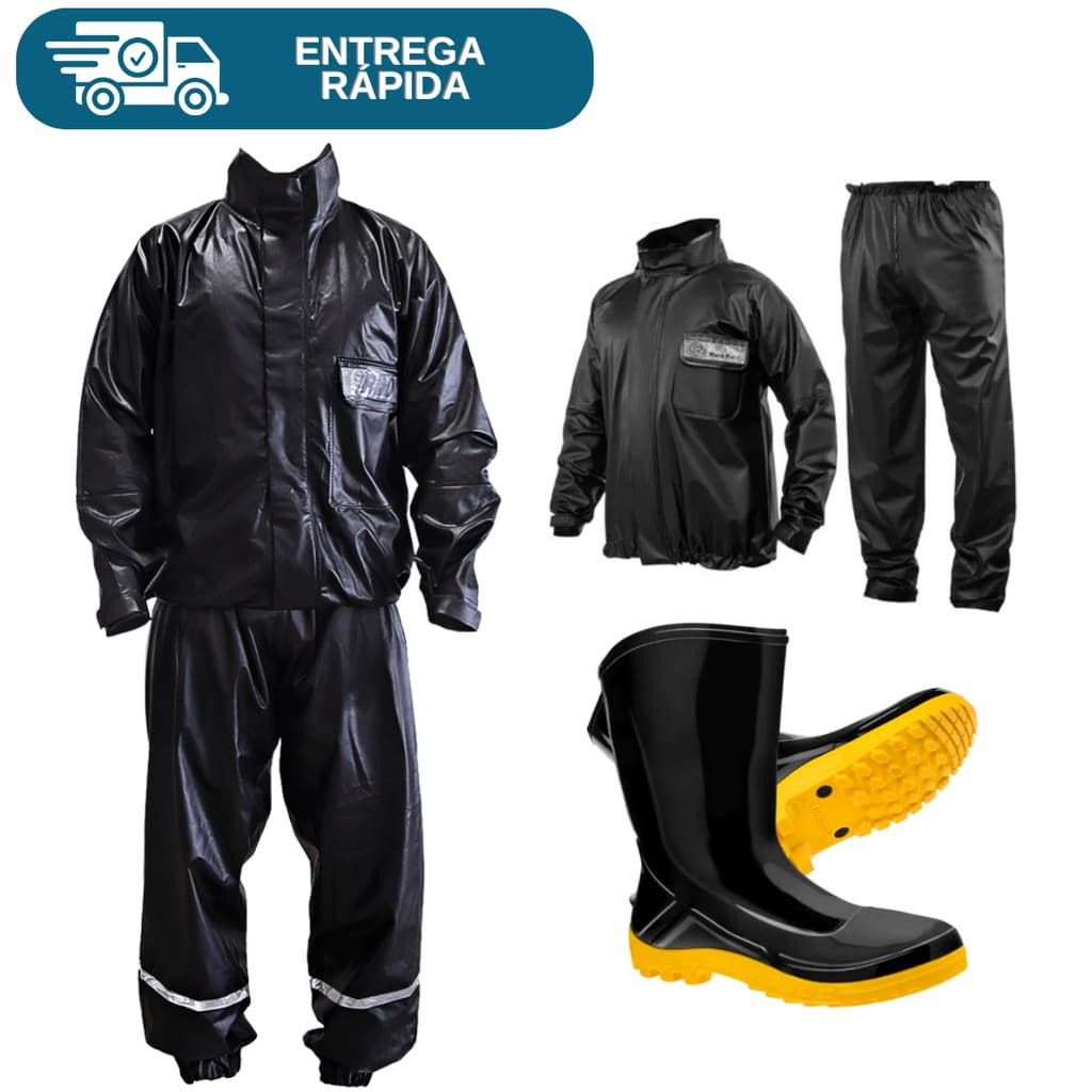 Conjunto Roupa Chuva Motoqueiro PLT + Bota Pvc Solado Amarelo Motociclista Motoboy Impermeável