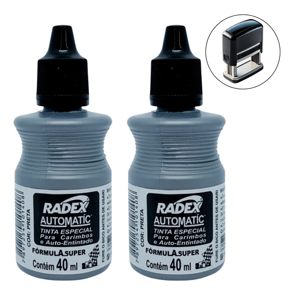 Kit 2 Tinta Para Carimbo Auto Entintado 40ml Radex Preto