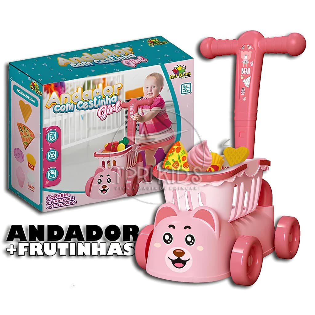 ANDADOR DE BEBÊ COM CESTINHA E FRUTINHAS BRINQUEDO EMPURRAR INFANTIL CRIANÇA DIDATICO CARRINHO DE PASSEIO MENINA MENINO