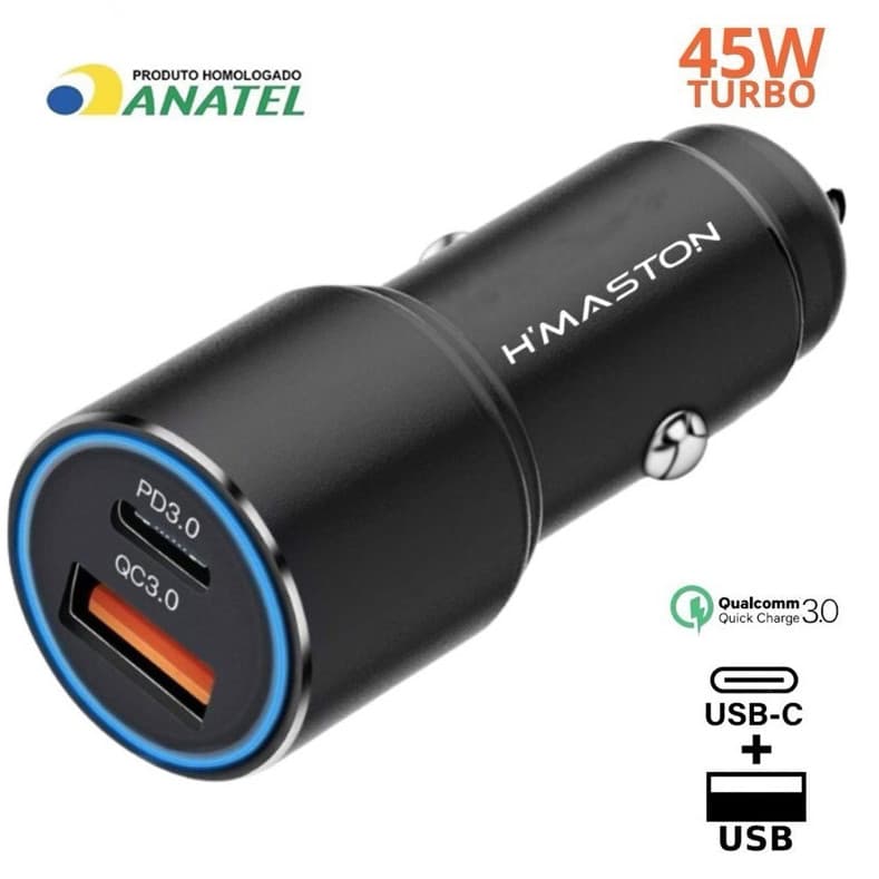Carregador Veicular Turbo 45W USB 3.0 + TIPO C Para Android e IOS Carregamento Rápido