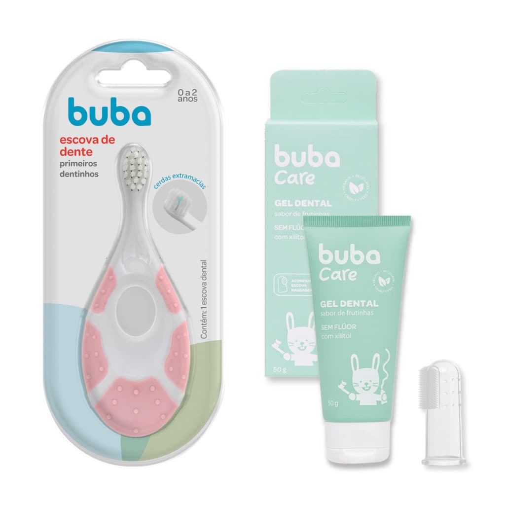 KIT ESCOVA DE DENTE PRIMEIROS DENTINHOS ROSA E GEL DENTAL SEM FLUOR BUBA CARE ESCOVA MASSAGEADORA