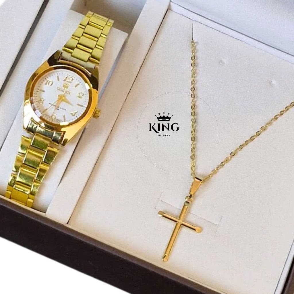 Relógio de Pulso Infantil Adulto Minimalista Aço Dourado Analógico Menino e Menina mandrake + Colar Cruz Folheado a Ouro