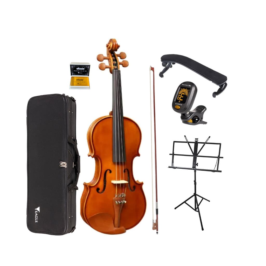 Violino 4/4 Eagle VE-441 Adulto Verniz Brilhante Estojo + Arco crina animal + Breu + Afinador + Espaleira + Estante