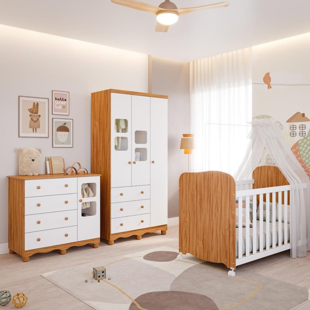 Quarto de Bebê Completo com Guarda Roupa 3 Portas Berço Americano Cômoda Uli 4 Gavetas 100%MDF