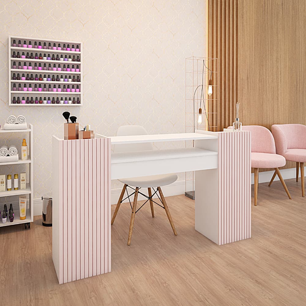 Mesa de Manicure Grande Rosa 140 CM Ripado Para Pedicure Nail Designer  Moderna